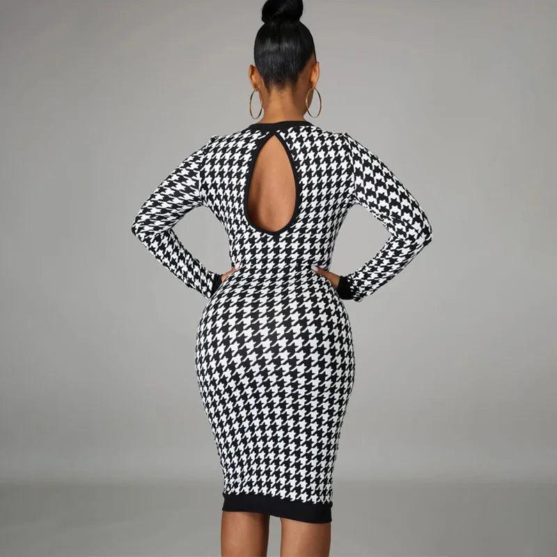 Houndstooth Print Women Long Sleeve Midi Dress Hollow Out Bodycon Sexy Streetwear 2024 Autumn Winter Club Elegant Slim - CRAVO ROSE