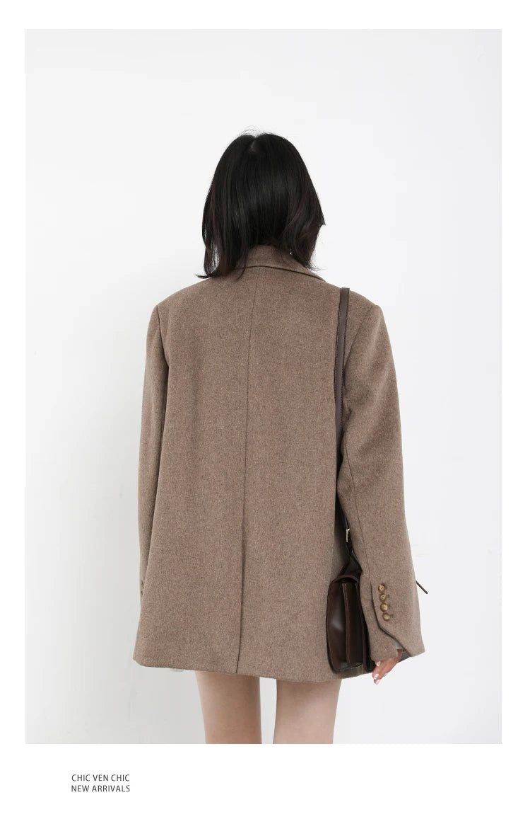 Casaco de lã feminino CHIC VEN, blazer longo de lã, blusa grossa e quente, sobretudo feminino, blusa feminina para escritório, outono e inverno