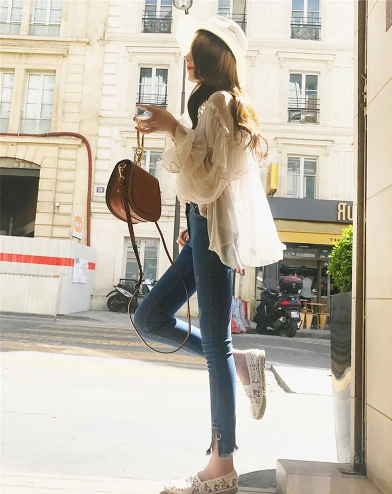 Blusa feminina sexy com decote em V, transparente, estilo boho, de malha, com babados, manga larga, elegante, peplum, com babados, blusa feminina 13459