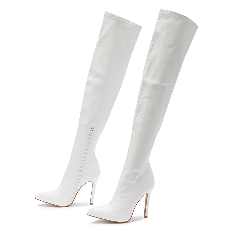 Botas Femininas Listradas de Salto Fino de 11 CM  Sexy Acima do Joelho com Zíper Lateral e Bico Fino