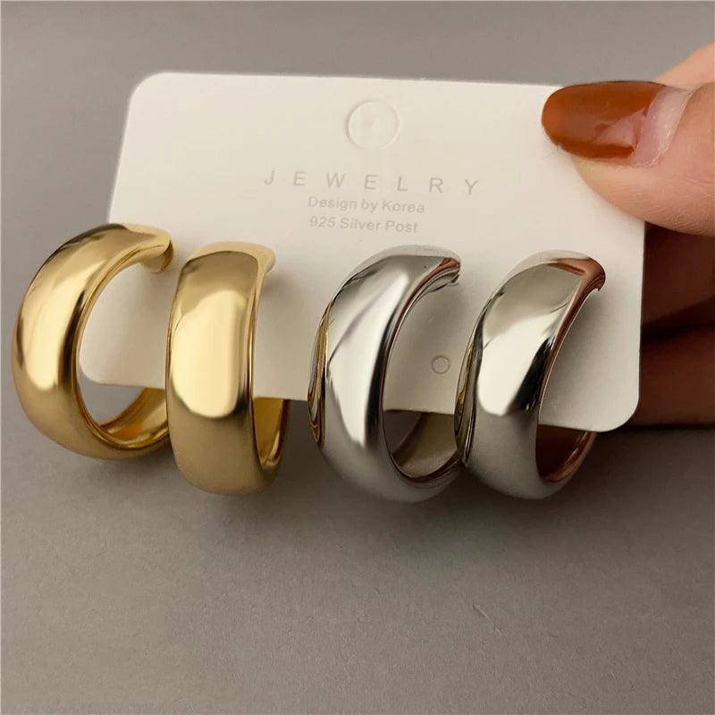 JWER Trendy Simple Silver Color Hoop Earrings For Women Girl Circle Round Minimalist Earrings Party NEW C-shape Jewelry Gifts - CRAVO ROSE