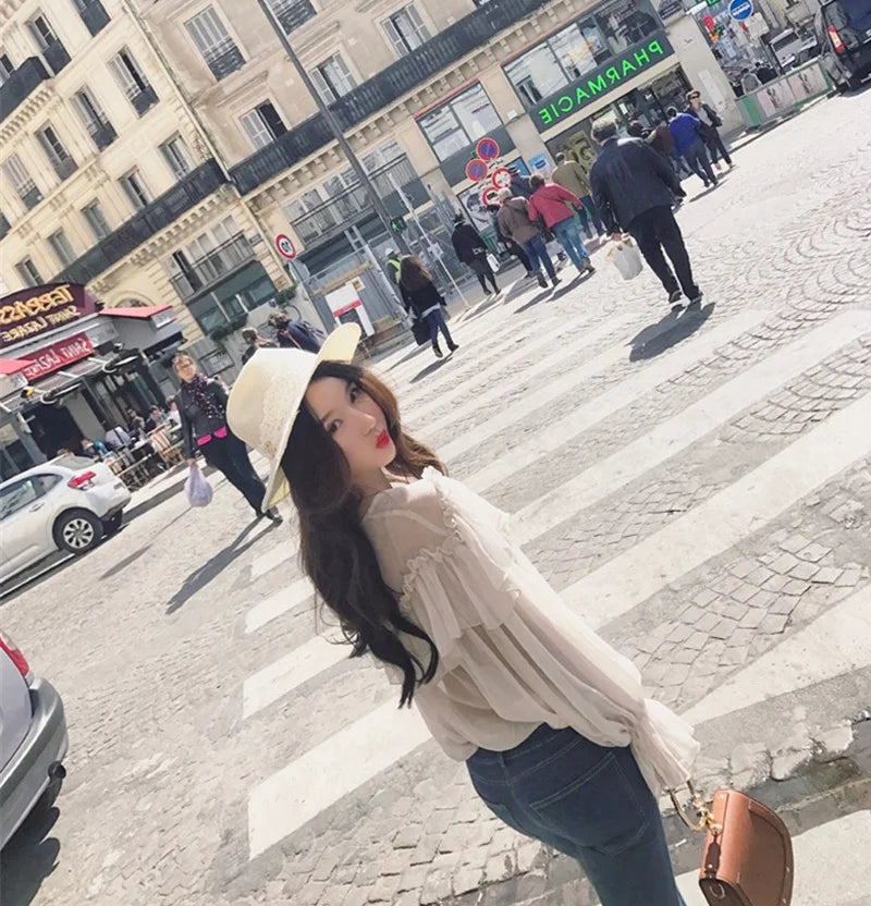 Blusa feminina sexy com decote em V, transparente, estilo boho, de malha, com babados, manga larga, elegante, peplum, com babados, blusa feminina 13459