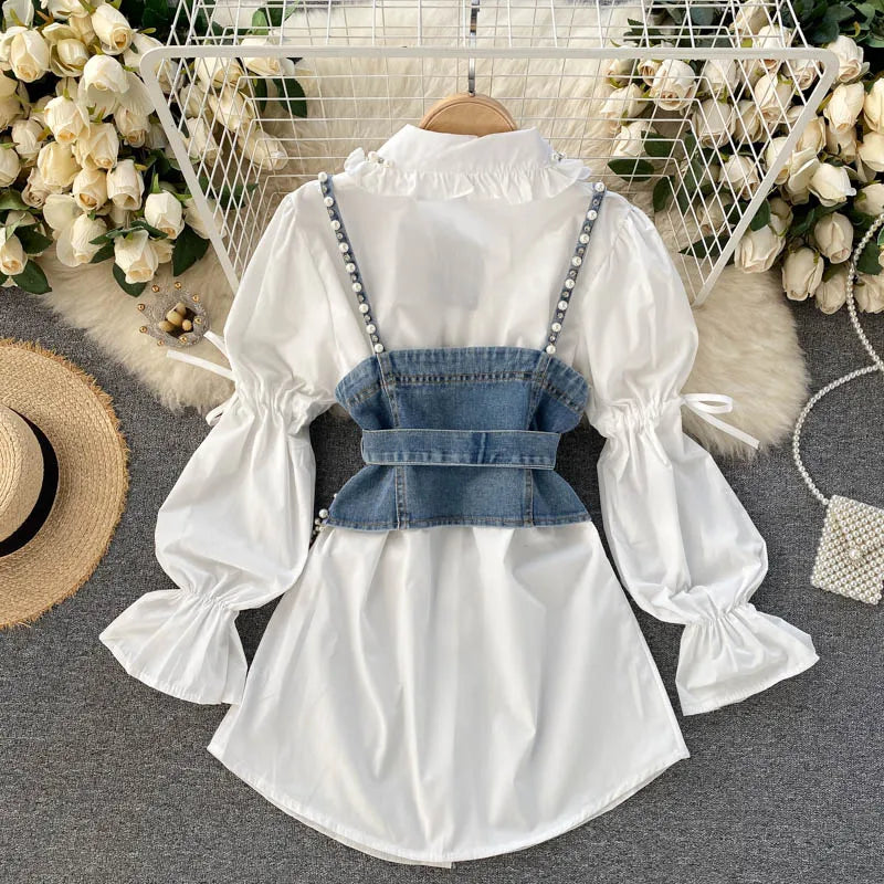 Blusa feminina nova primavera outono com contas de diamantes e manga bufante, top com borlas e pérolas, colete com alça, camisa de duas peças
