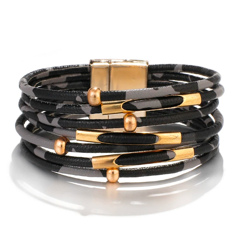 ALLYES Vintage Metal Tube Leopard Leather Bracelet for Women Men Boho Multilayer Wrap Wide Bracelets & Bangles Charm Jewelry