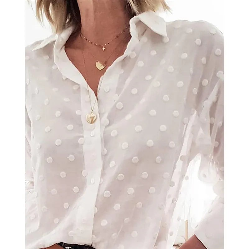 Camisas femininas da moda, tops, blusas de bolinhas, elegantes, brancas, camisas femininas de manga comprida