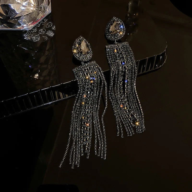 XIALUOKE Black Colorful Water Drop Crystal Earrings Oversize Long Tassel Rhinestone Dangle Earring For Women Statement Jewelry