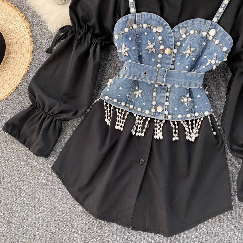 Blusa feminina nova primavera outono com contas de diamantes e manga bufante, top com borlas e pérolas, colete com alça, camisa de duas peças