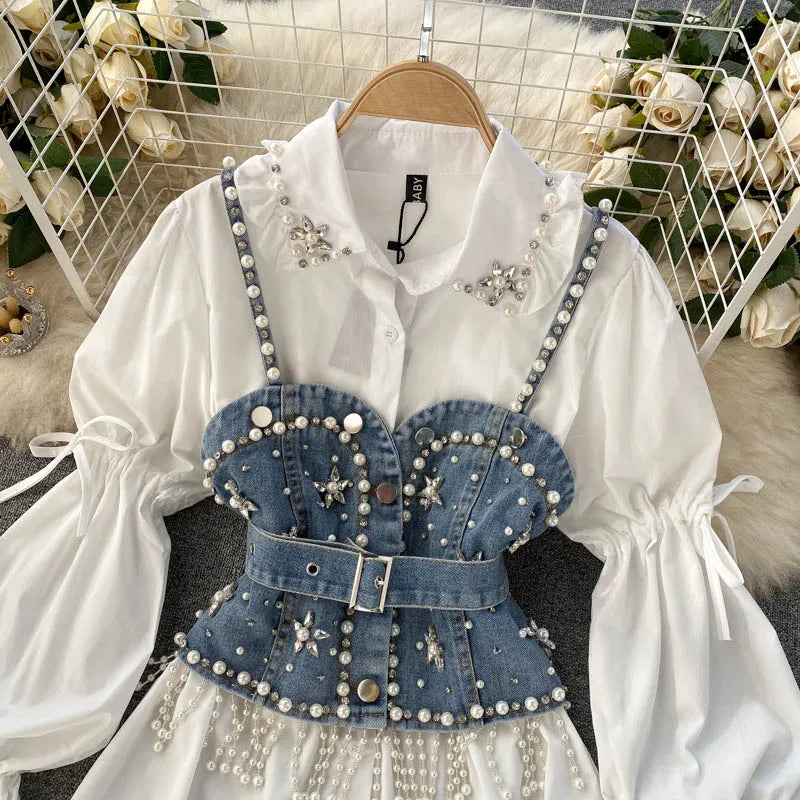 Blusa feminina nova primavera outono com contas de diamantes e manga bufante, top com borlas e pérolas, colete com alça, camisa de duas peças