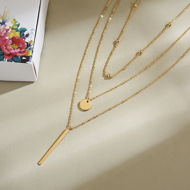 925 Sterling Silver Gold Color Simple Three Layers Necklace Smooth Long Strip Pendants Women Wedding Gift Fine Accessories - CRAVO ROSE