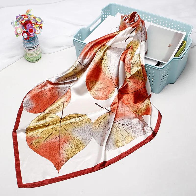 QLUKEOYY Silk Scarf Women 2021 New 90cm Silk Simulation Small Square Scarves Leaf Print Shawl Kerchief Coverchief Headcloth - CRAVO ROSE