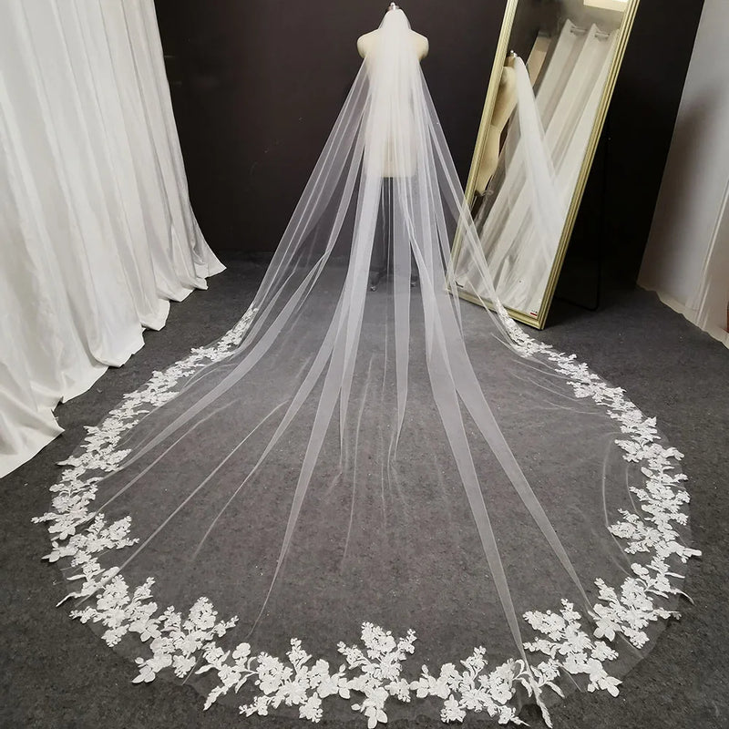 Long Lace Wedding Veil 3 Meters Long White Ivory Cathedral Bridal Veil with Comb Wedding Accessories Bride Headpieces - CRAVO ROSE