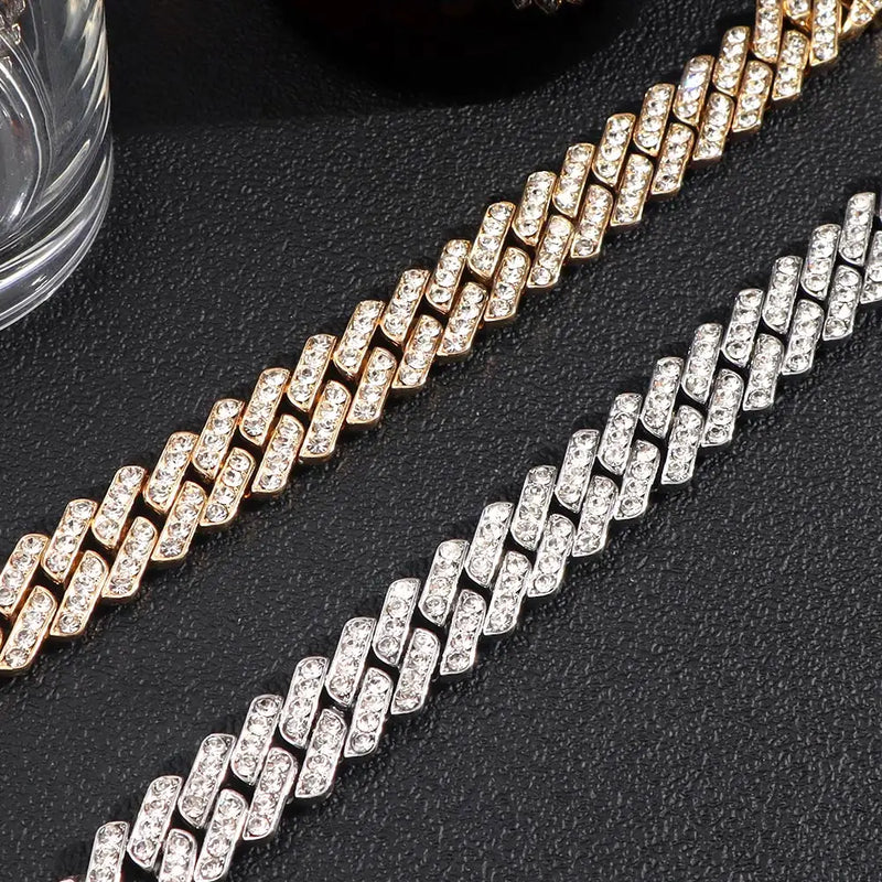 Fashion Bling Paved Rhinestone Prong Cuban Chain Bracelet for Women Men Hip Hop Iced Out Chunky Link Chain Bracelets New Jewelry