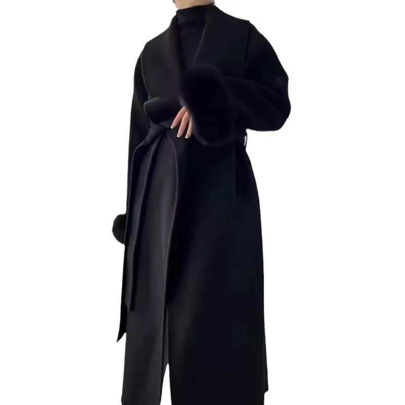 Boutique Inverno Nova Moda Retro Dupla Face Lã Grossa Temperamento Longo Jaqueta Feminina