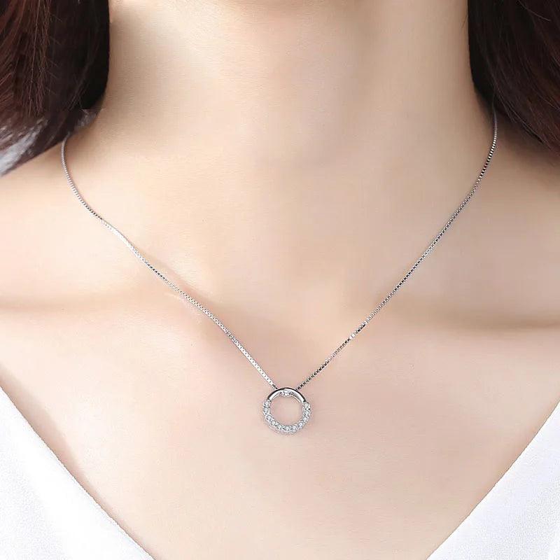 New Fashion 925 Sterling Silver Jewelry Round Zircon Pendants Necklaces Women Fine Semi Rhinestone Circle Clavicle Chain Choker - CRAVO ROSE