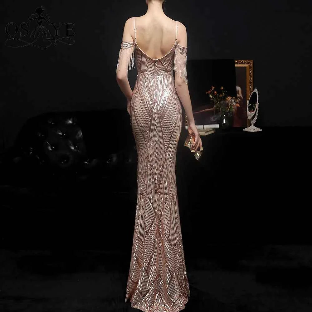Pattern Lace Gold Evening Dresses Beadings Straps Side Sleeves Prom Party Dress Golden Sequin Mermaid Long Women Formal Dress