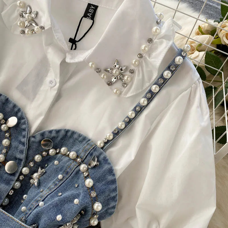 Blusa feminina nova primavera outono com contas de diamantes e manga bufante, top com borlas e pérolas, colete com alça, camisa de duas peças
