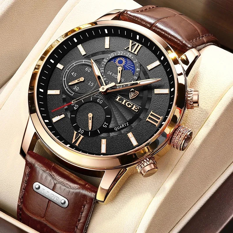 2024 New Mens Watches LIGE Top Brand Luxury Leather Casual Quartz Watch Men's Sport Waterproof Clock Watch Relogio Masculino+Box - CRAVO ROSE