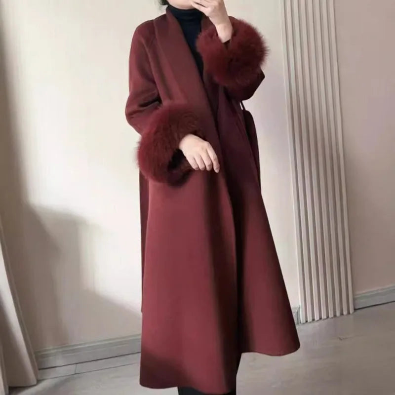 Boutique Inverno Nova Moda Retro Dupla Face Lã Grossa Temperamento Longo Jaqueta Feminina