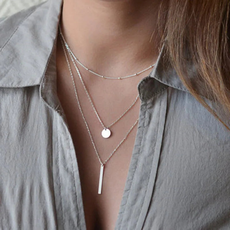 925 Sterling Silver Gold Color Simple Three Layers Necklace Smooth Long Strip Pendants Women Wedding Gift Fine Accessories - CRAVO ROSE