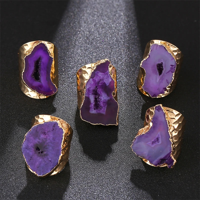 Irregular Geode Stone Agate Slices Wide Open Ring for Women Boho Resizable Finger Jewelry