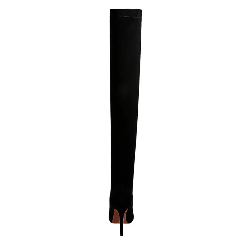 Botas BIGTREE de camurça sexy acima do joelho, pretas, de pelúcia, quentes, femininas, de inverno, finas, de salto alto, botas longas, plus size 42 43