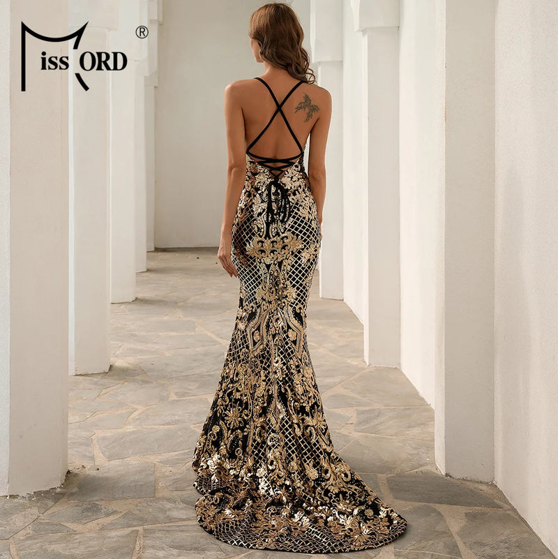Missord Black Gold Sequin Maxi Evening Dress Elegant Women Spaghetti Strap V Neck Side Split Mermaid Party Prom Dresses Gown