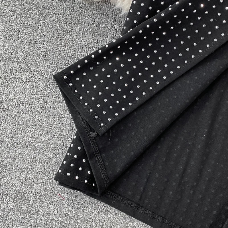 Sexy Black Diamonds 2pcs Set Women Party Sleeveless Short Tops + High Waist Split Skirt Female Two Piece Suits Club Fashion 2021
