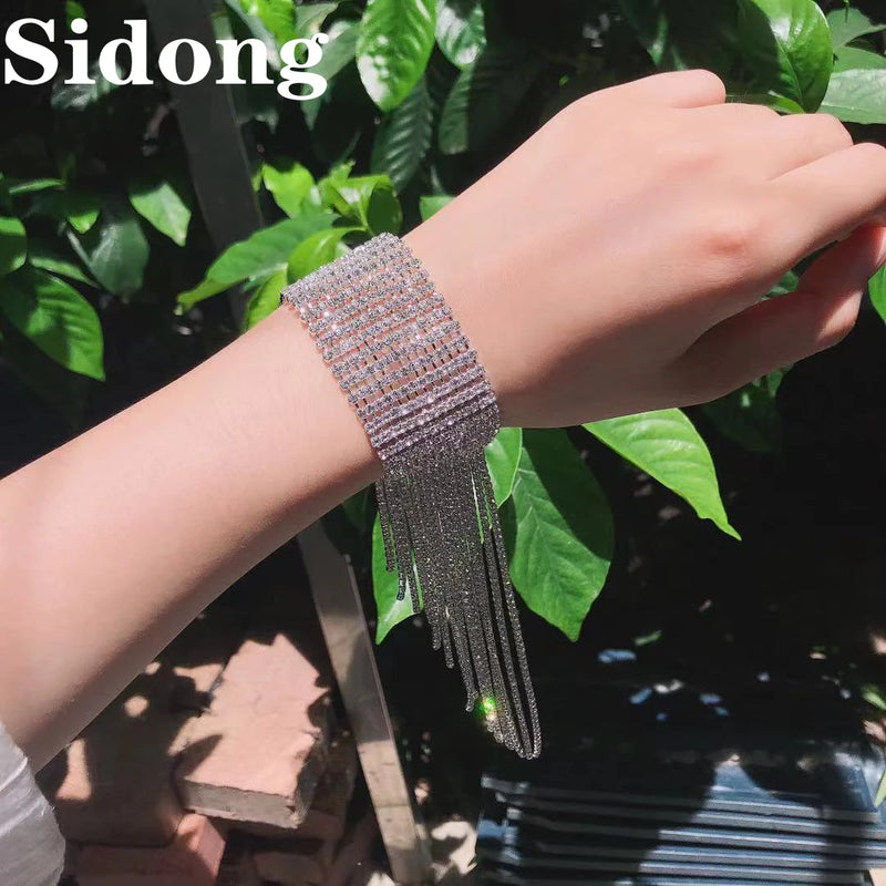 Fashion Long Tassel Rhinestone Bracelet Hand Jewelry for Women Bridal Crystal Statement Bracelets Wedding Jewellery