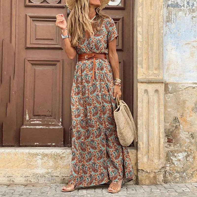 Boho Mulheres V Neck Manga Curta Paisley Imprimir Cinto Grande Bainha Praia Vestido Longo Vestido Estampado Vestido de Praia de Verão com Cinto