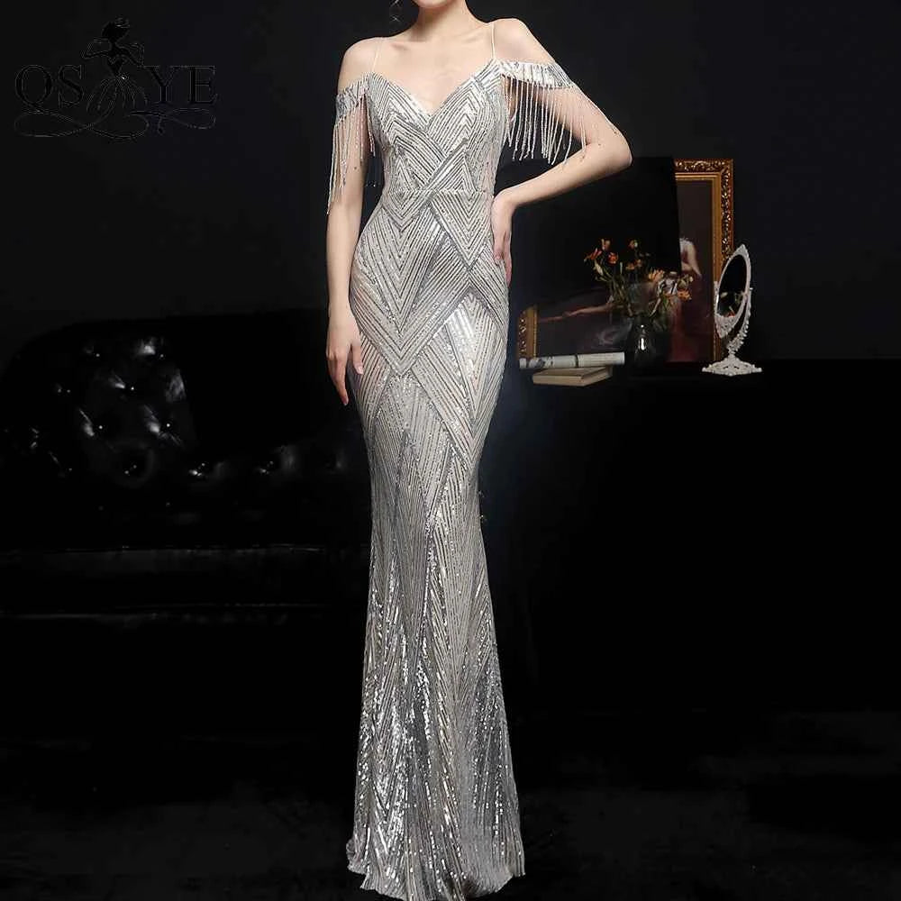 Pattern Lace Gold Evening Dresses Beadings Straps Side Sleeves Prom Party Dress Golden Sequin Mermaid Long Women Formal Dress
