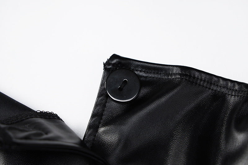 Wsevypo Preto PU Sem Alças Feminino Ombro A Ombro Botões Regatas Estilo Rua Gótico Sexy Corpete Tops Corpetes de Couro Sintético