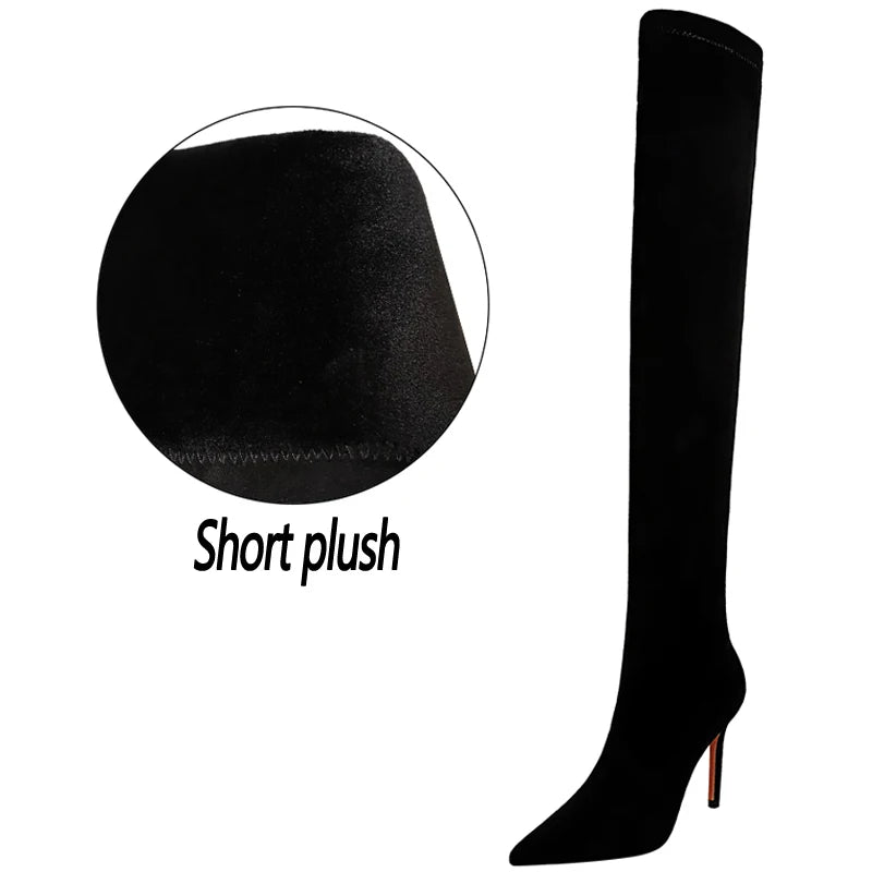 Botas BIGTREE de camurça sexy acima do joelho, pretas, de pelúcia, quentes, femininas, de inverno, finas, de salto alto, botas longas, plus size 42 43