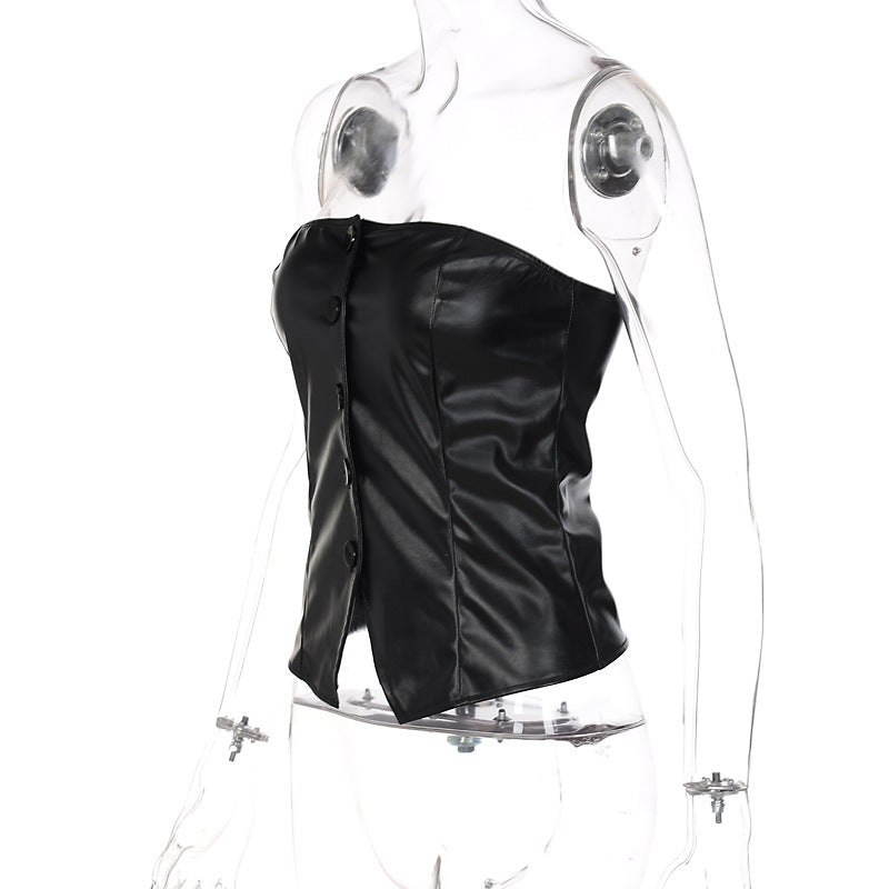 Wsevypo Preto PU Sem Alças Feminino Ombro A Ombro Botões Regatas Estilo Rua Gótico Sexy Corpete Tops Corpetes de Couro Sintético