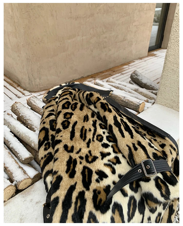 Lautaro Winter Long Leopard Print Warm Fluffy Faux Fur Trench Coat for Women Long Sleeve Double Breasted European Fashion 2021