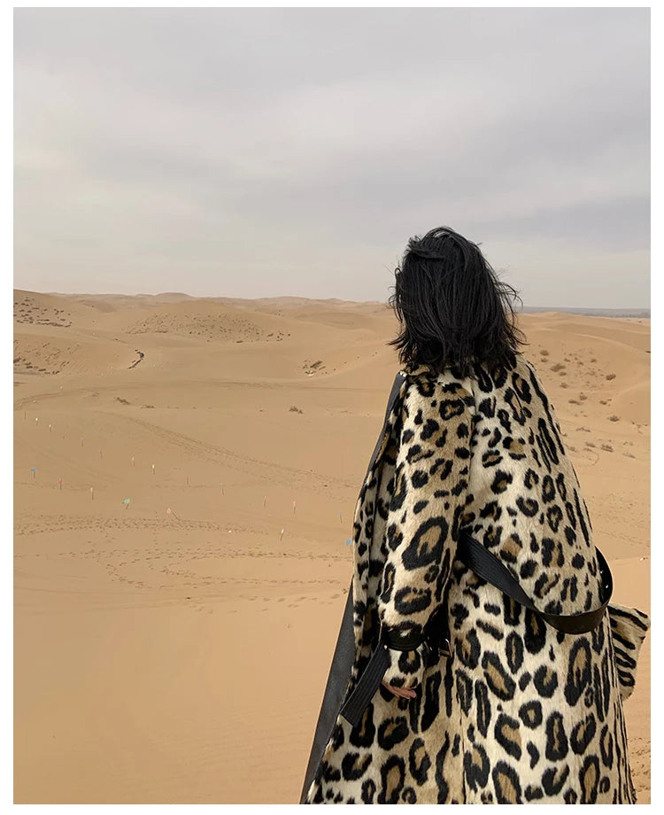 Lautaro Winter Long Leopard Print Warm Fluffy Faux Fur Trench Coat for Women Long Sleeve Double Breasted European Fashion 2021