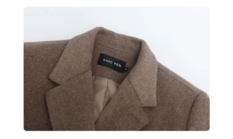 Casaco de lã feminino CHIC VEN, blazer longo de lã, blusa grossa e quente, sobretudo feminino, blusa feminina para escritório, outono e inverno