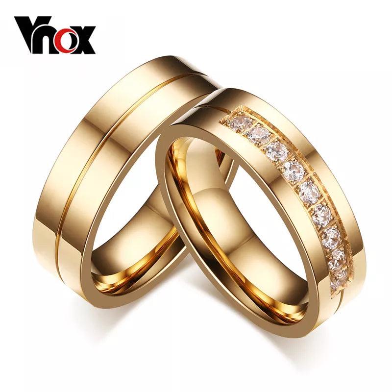 Vnox Trendy Wedding Bands Rings for Women / Men Love Gift Gold-color Stainless Steel CZ Promise Couple Jewelry - CRAVO ROSE