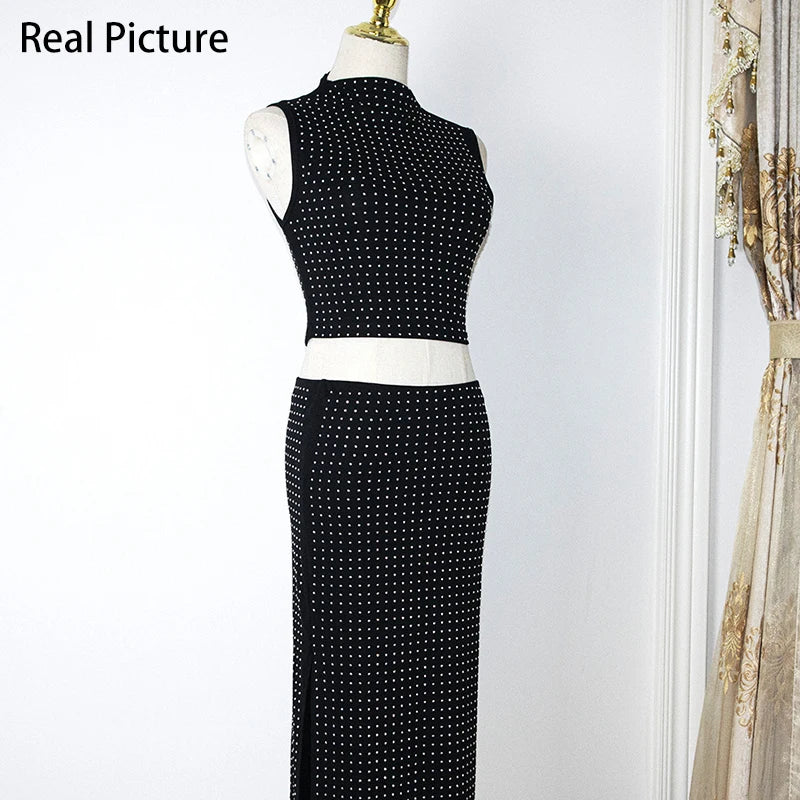 Sexy Black Diamonds 2pcs Set Women Party Sleeveless Short Tops + High Waist Split Skirt Female Two Piece Suits Club Fashion 2021