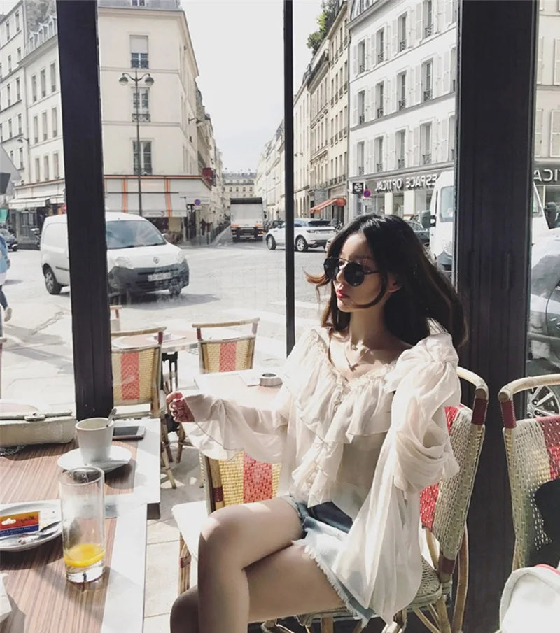 Blusa feminina sexy com decote em V, transparente, estilo boho, de malha, com babados, manga larga, elegante, peplum, com babados, blusa feminina 13459