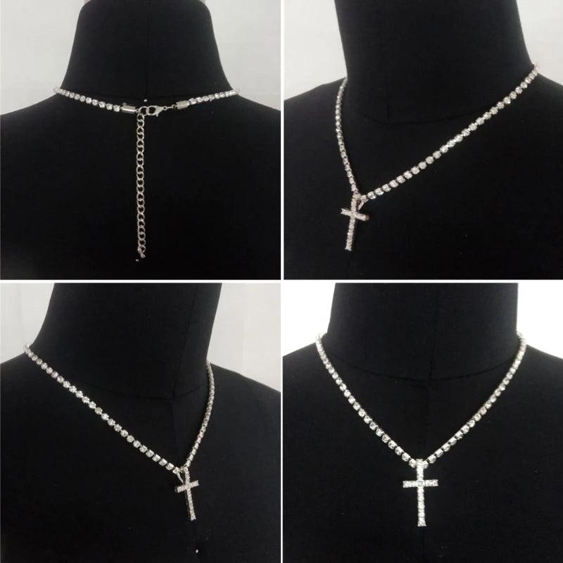 Shiny White Crystals Cross Pendant Necklace Holy Crystals Cross Pendant with Rhinstone Chain Unisex Fashion Jewelry - CRAVO ROSE