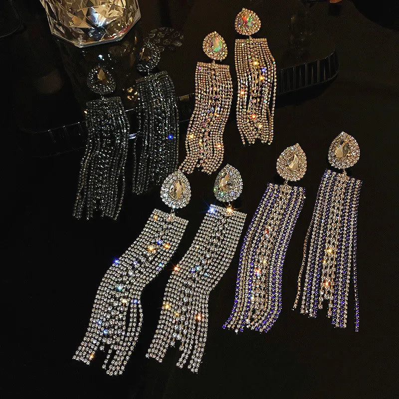 XIALUOKE Black Colorful Water Drop Crystal Earrings Oversize Long Tassel Rhinestone Dangle Earring For Women Statement Jewelry