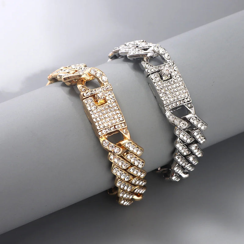 Fashion Bling Paved Rhinestone Prong Cuban Chain Bracelet for Women Men Hip Hop Iced Out Chunky Link Chain Bracelets New Jewelry