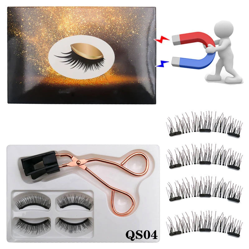 Cílios magnéticos 2 pares de  naturais 3D, 8 peças, cílios postiços magnéticos reutilizáveis feitos à mão com 3 ímãs