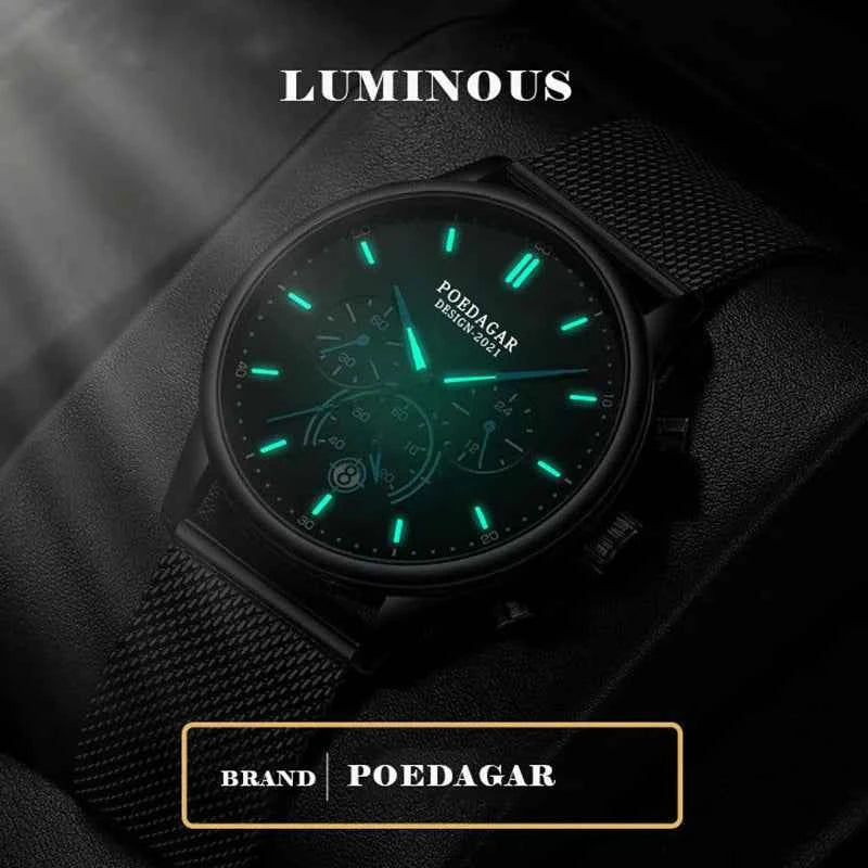 POEDAGAR Men Watch Fashion Chronograph Slim Stainless Steel Mesh Quartz Men's Wristwatch Waterproof Luminous Date Sport Watch
