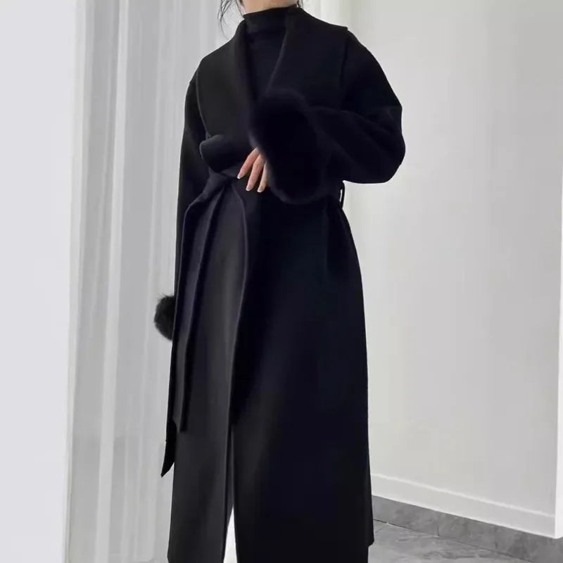 Boutique Inverno Nova Moda Retro Dupla Face Lã Grossa Temperamento Longo Jaqueta Feminina