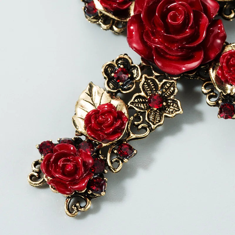 KMVEXO Baroque Vintage Gold Color Cross Earrings for Women Girls Enamel Rose Flowers Earrings Brincos Statement Jewelry 2022