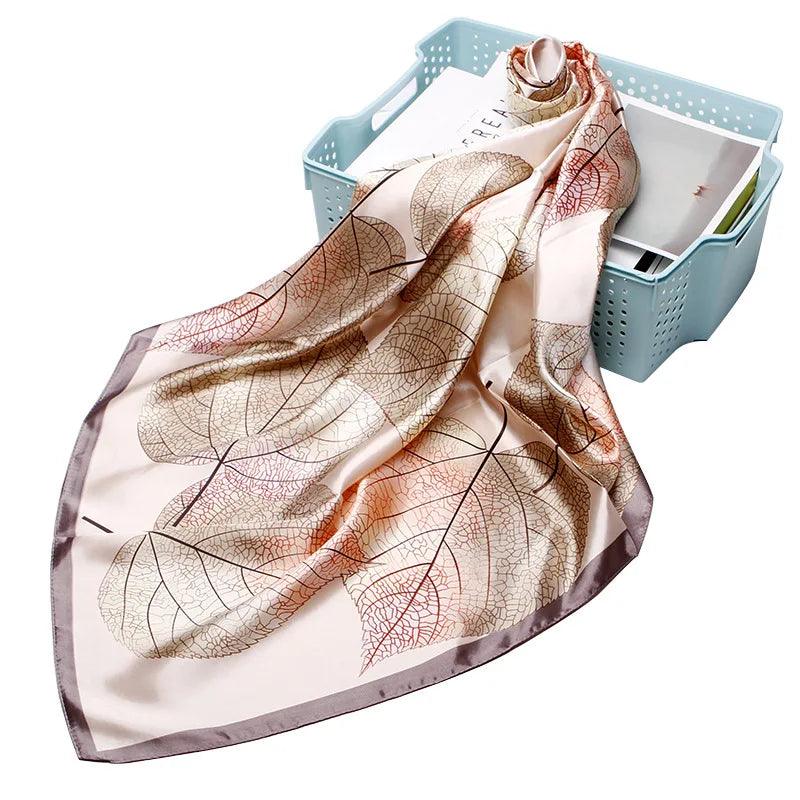 QLUKEOYY Silk Scarf Women 2021 New 90cm Silk Simulation Small Square Scarves Leaf Print Shawl Kerchief Coverchief Headcloth - CRAVO ROSE