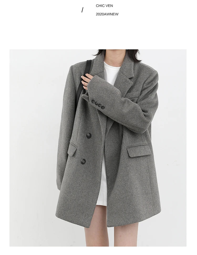 Casaco de lã feminino CHIC VEN, blazer longo de lã, blusa grossa e quente, sobretudo feminino, blusa feminina para escritório, outono e inverno