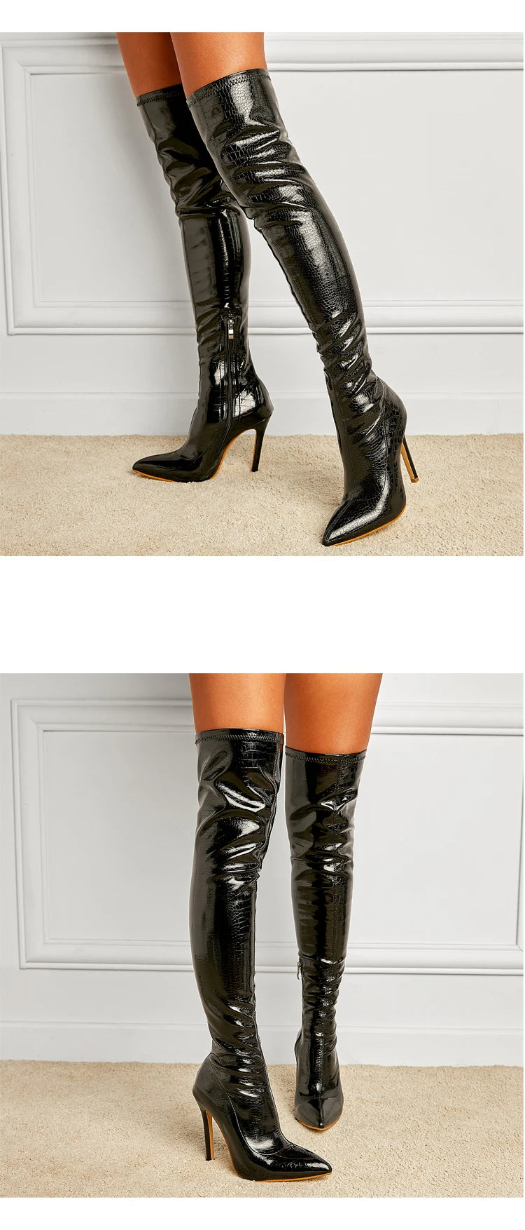 Botas Femininas Listradas de Salto Fino de 11 CM  Sexy Acima do Joelho com Zíper Lateral e Bico Fino