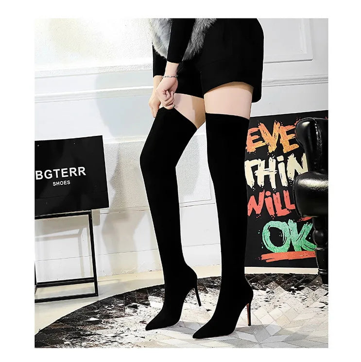 Botas BIGTREE de camurça sexy acima do joelho, pretas, de pelúcia, quentes, femininas, de inverno, finas, de salto alto, botas longas, plus size 42 43